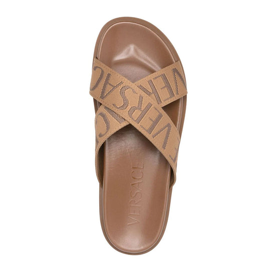 Greca Print Crisscross Brown Slides