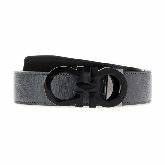 Black Gancini Dark Grey Leather Reversible Belt