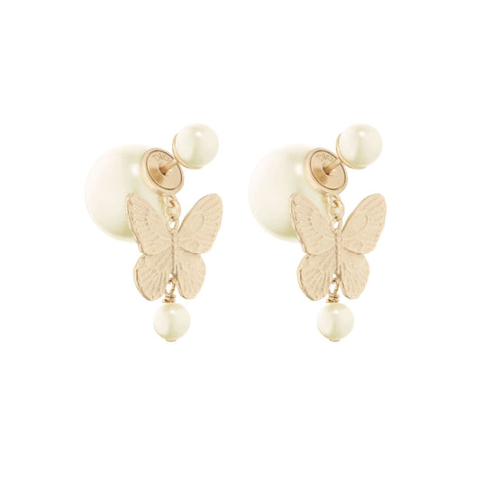 Butterfly Gold-Finish White Resin Pearls Tribales Earrings