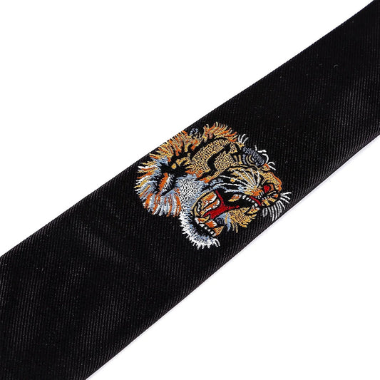 Tiger Embroidered Black Tie