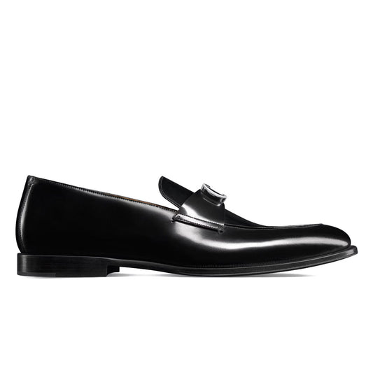 Logo Buckle Black Leather Loafers