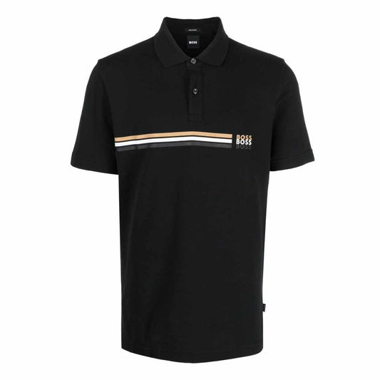 Double Line Logo Print Black Polo-Shirt