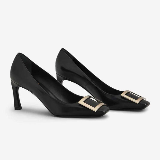 Trompette 70 Metal Buckle Black Leather Pumps