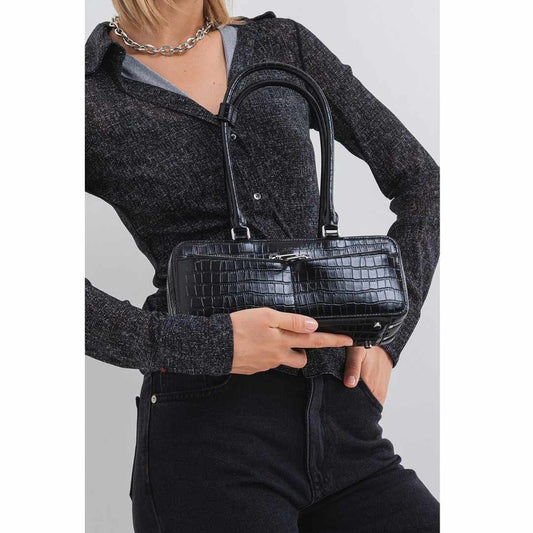 Croc Leather Black Shoulder Bag