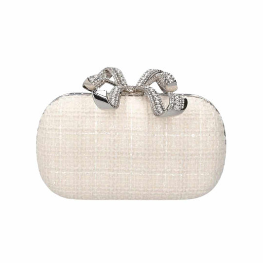 Boucle Cream Bow Clutch Bag