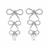 Tiered Bow Crystal Silver Earrings