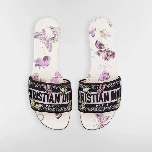 Butterfly Motif White and Purple Slides