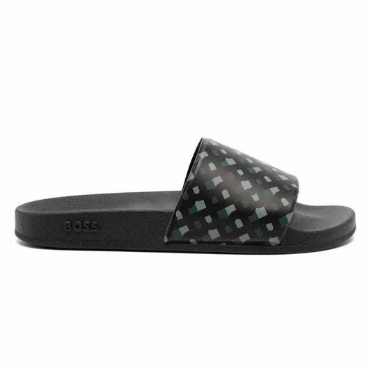 Monogram Print Black Slides