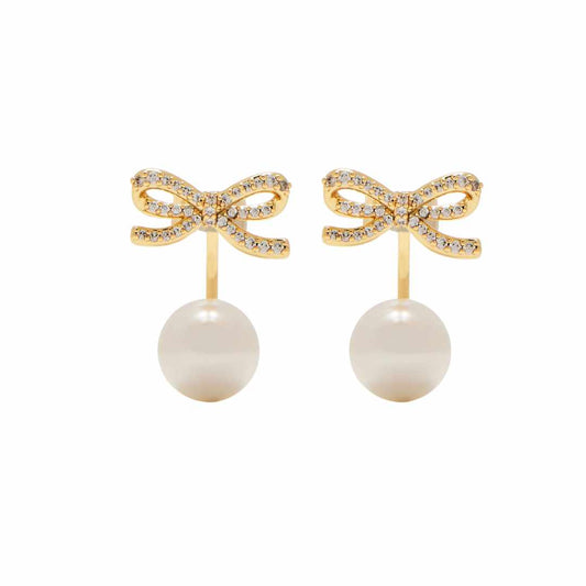 Bow Pearl Jacket Gold Earrings