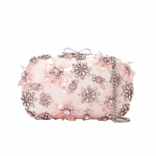 Floral Crystal Embellished Pink Clutch Bag
