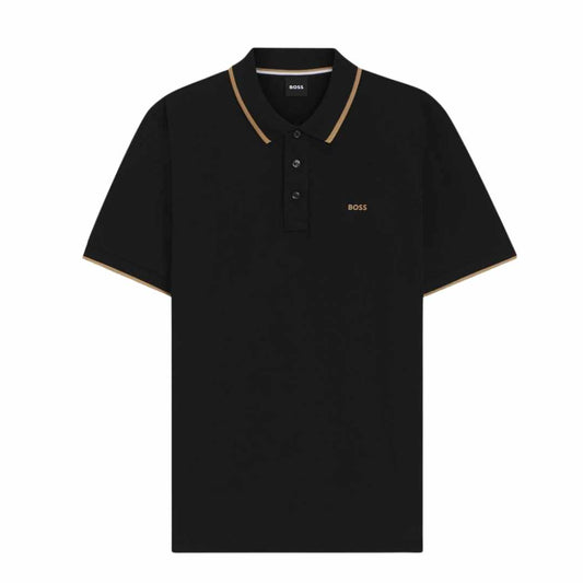 Collar Gold Striped Piquet Black Polo-Shirt