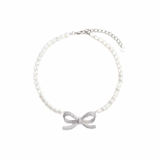 Crystal Bow Pearl Necklace