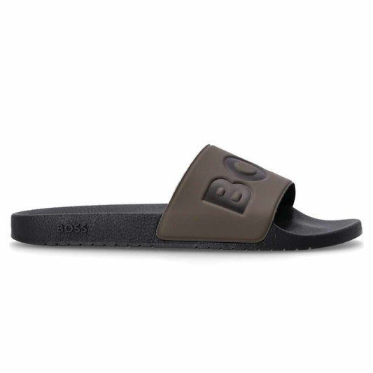 Black Logo Embossed Khaki Slides