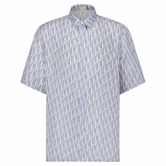 Oblique Short-Sleeved Blue Striped Silk Shirt