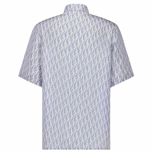 Oblique Short-Sleeved Blue Striped Silk Shirt
